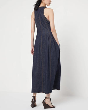 Contrast Stitch Structured Denim Midi Dress in Dark Wash