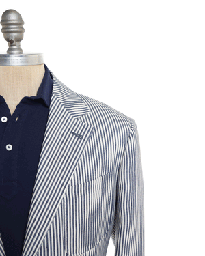 Denim Blue and White Striped Linen Blend Sportcoat