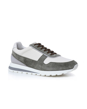 Grained Calfskin and Washed Suede Runners in White and Olive