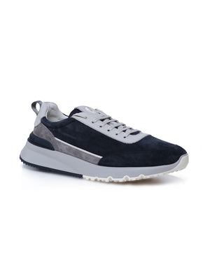 Suede and Knit Sneakers in White and Navy
