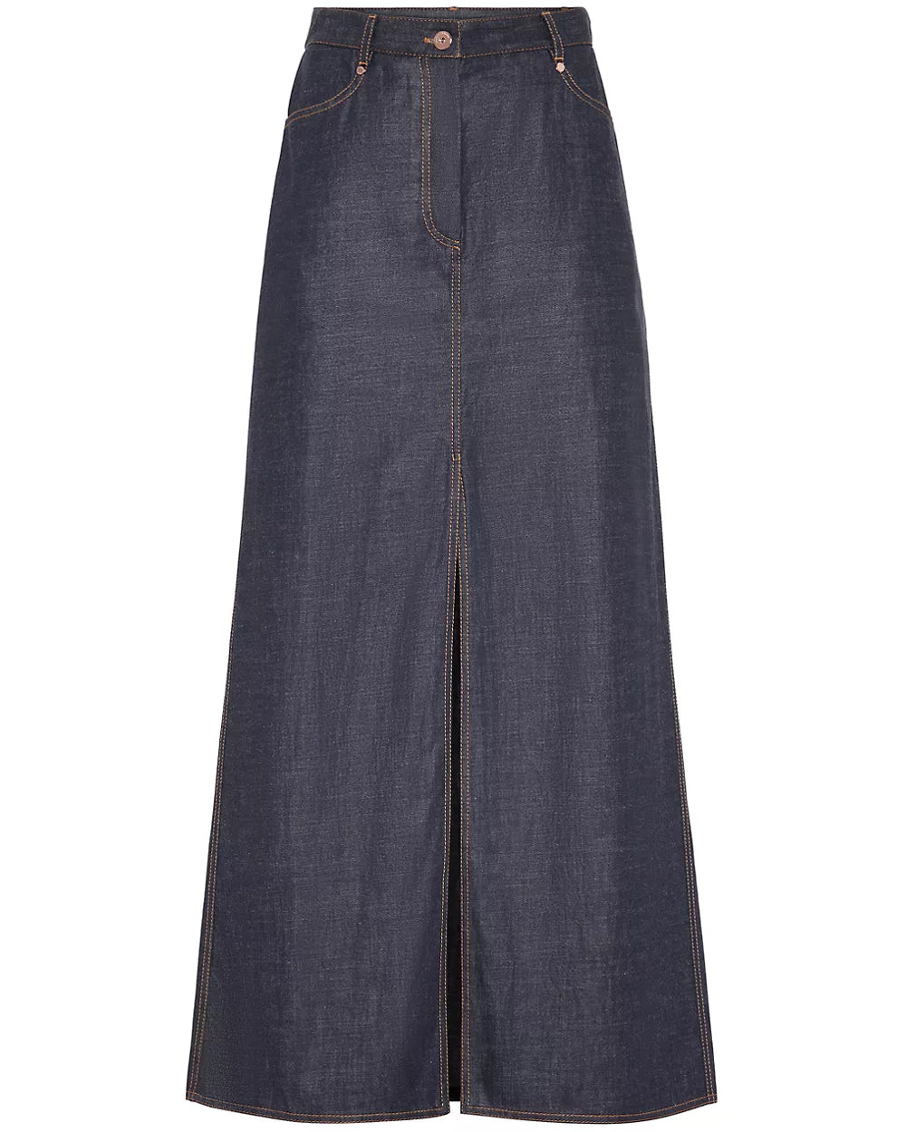 Long Front Slit Denim Skirt in Dark Wash