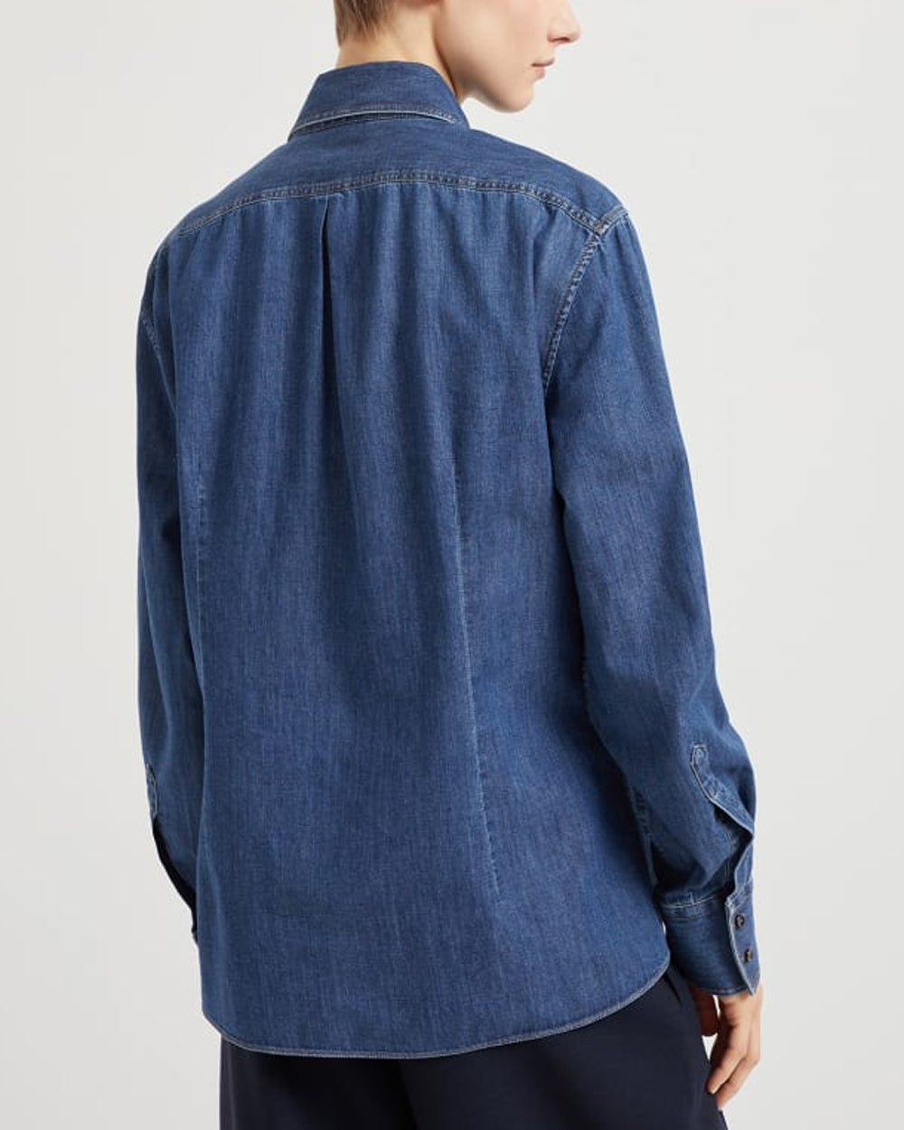 Monili Tab Pocket Denim Shirt in Medium Blue