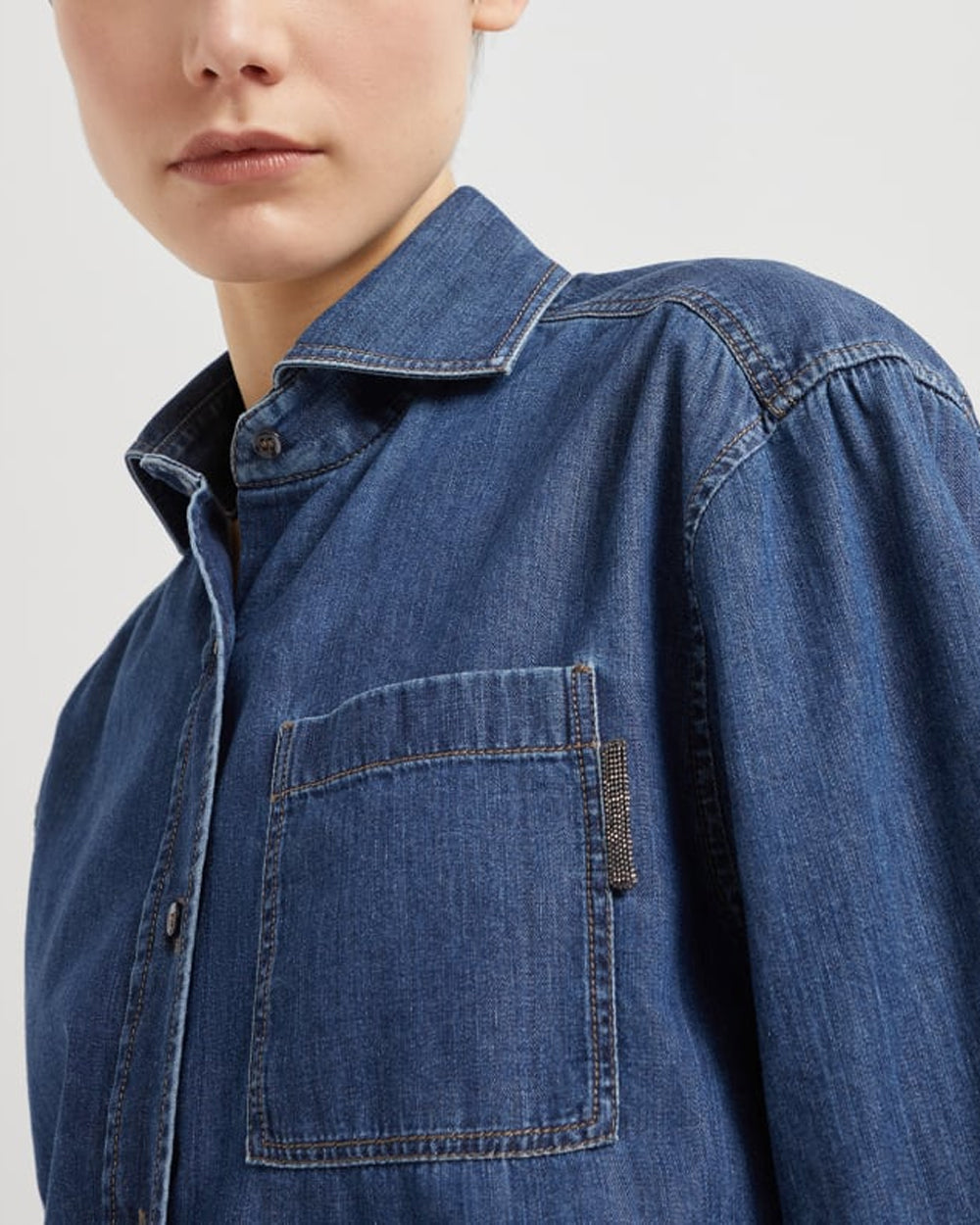 Monili Tab Pocket Denim Shirt in Medium Blue