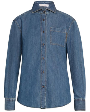 Monili Tab Pocket Denim Shirt in Medium Blue