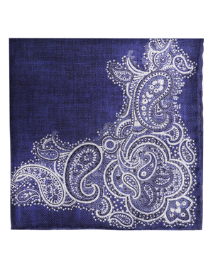 Navy and White Reversible Paisley Silk Pocket Square