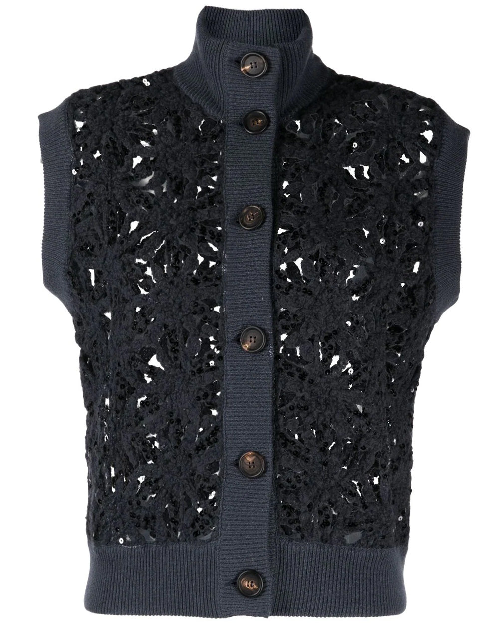 Night Sky Wool Floral Crochet Button Vest