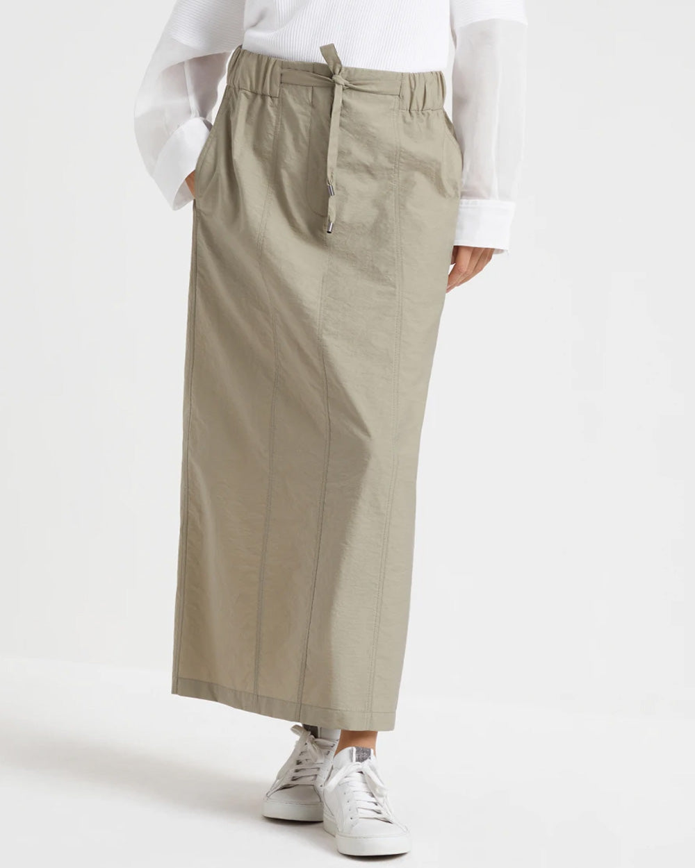 Olive Techno Poplin Drawstring Skirt