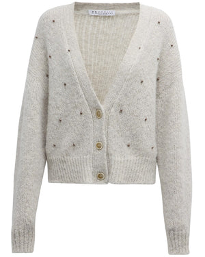 Pearl Grey Embellished V Neck Cardigan