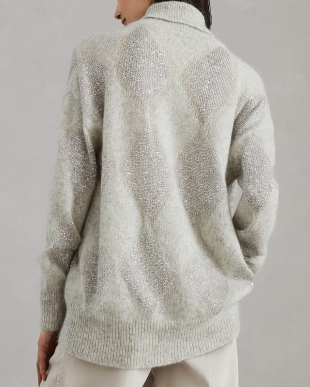 Pearl Grey Paillette Argyle Mockneck Sweater