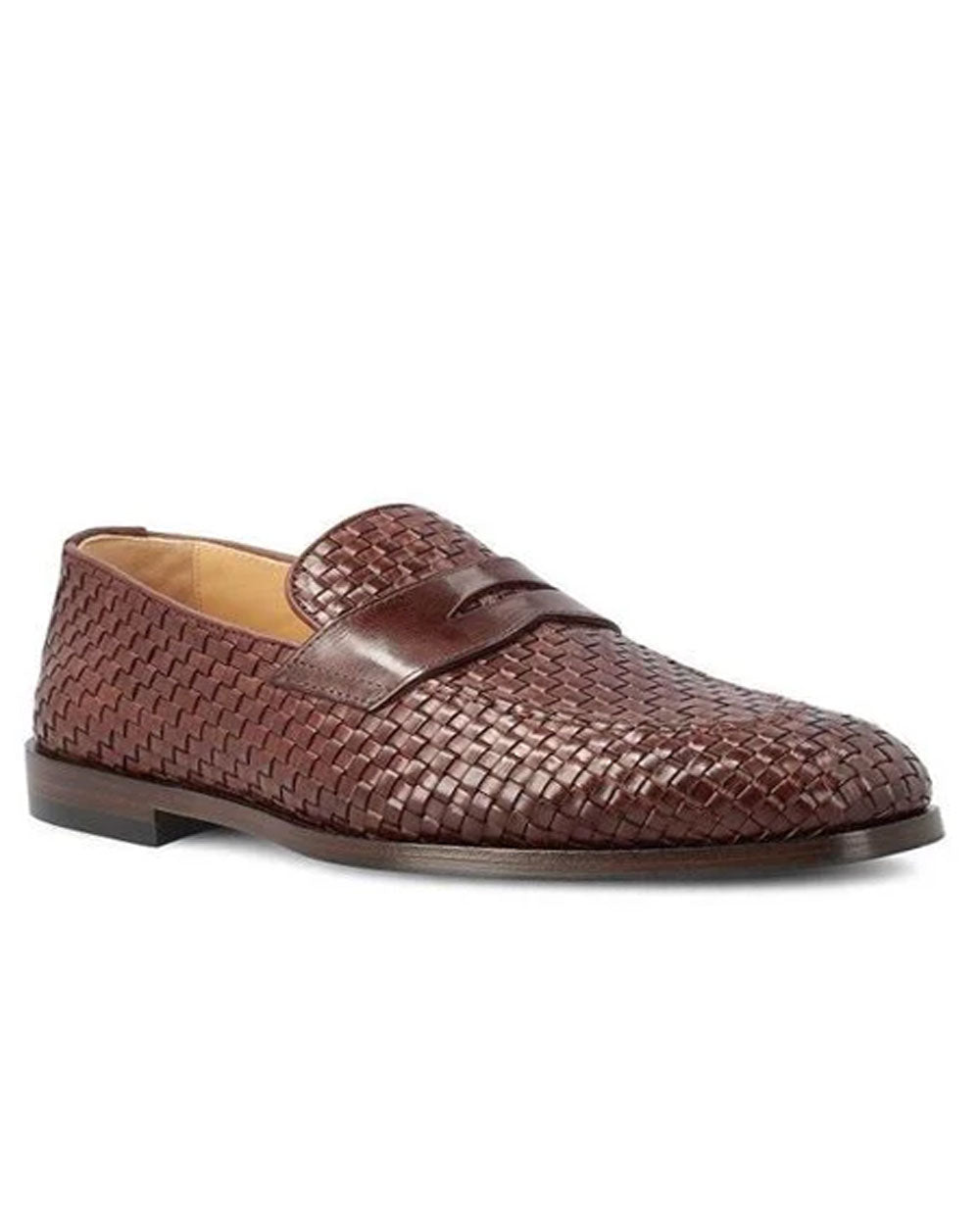 Penny Slot Woven Leather Loafer in Brown