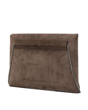 Suede Foldover Envelope Clutch with Shoulder Strap in Ossido