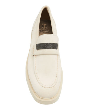 Suede Penny Loafer with Monili in Chalk