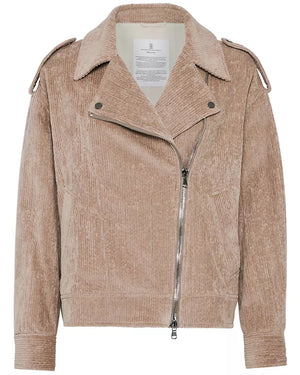 Warm Beige Suede Corduroy Moto Jacket