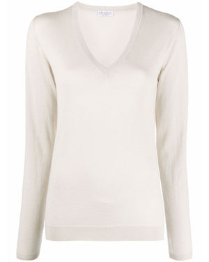 Warm White Cashmere Silk V Neck Sweater