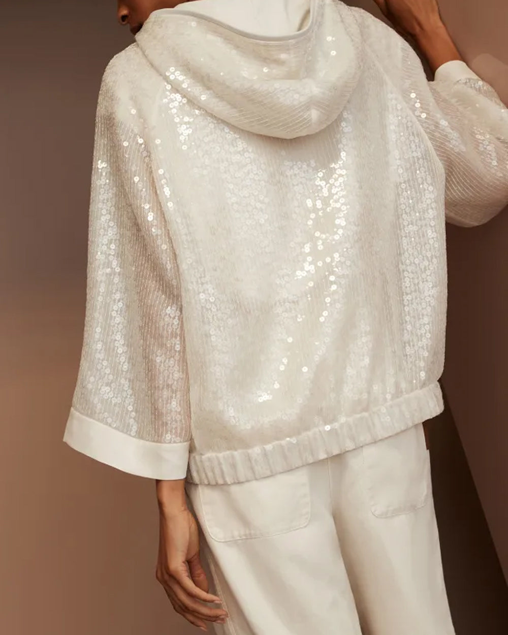 Warm White Sequin Paillette Hooded Jacket