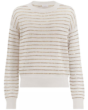 White and Beige Paillette Stripe Sweater