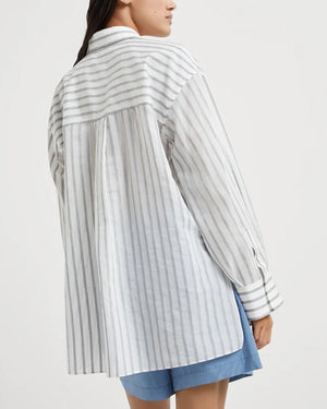 White and Grey Wide Stripe Gauze Button Up Blouse