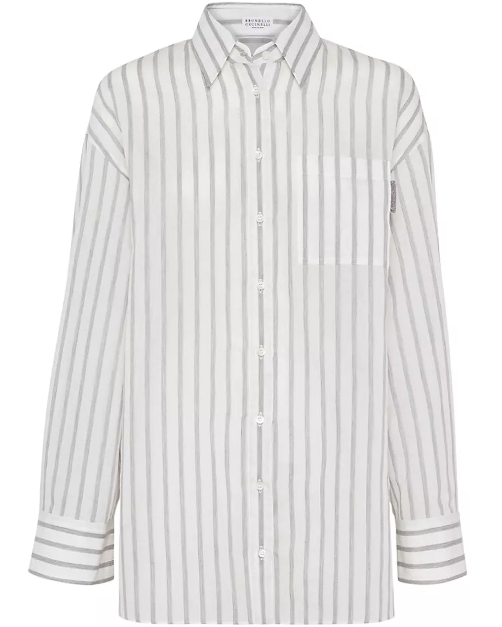 White and Grey Wide Stripe Gauze Button Up Blouse