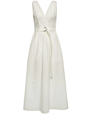 White Biege Crinkle Cotton Belted Dress
