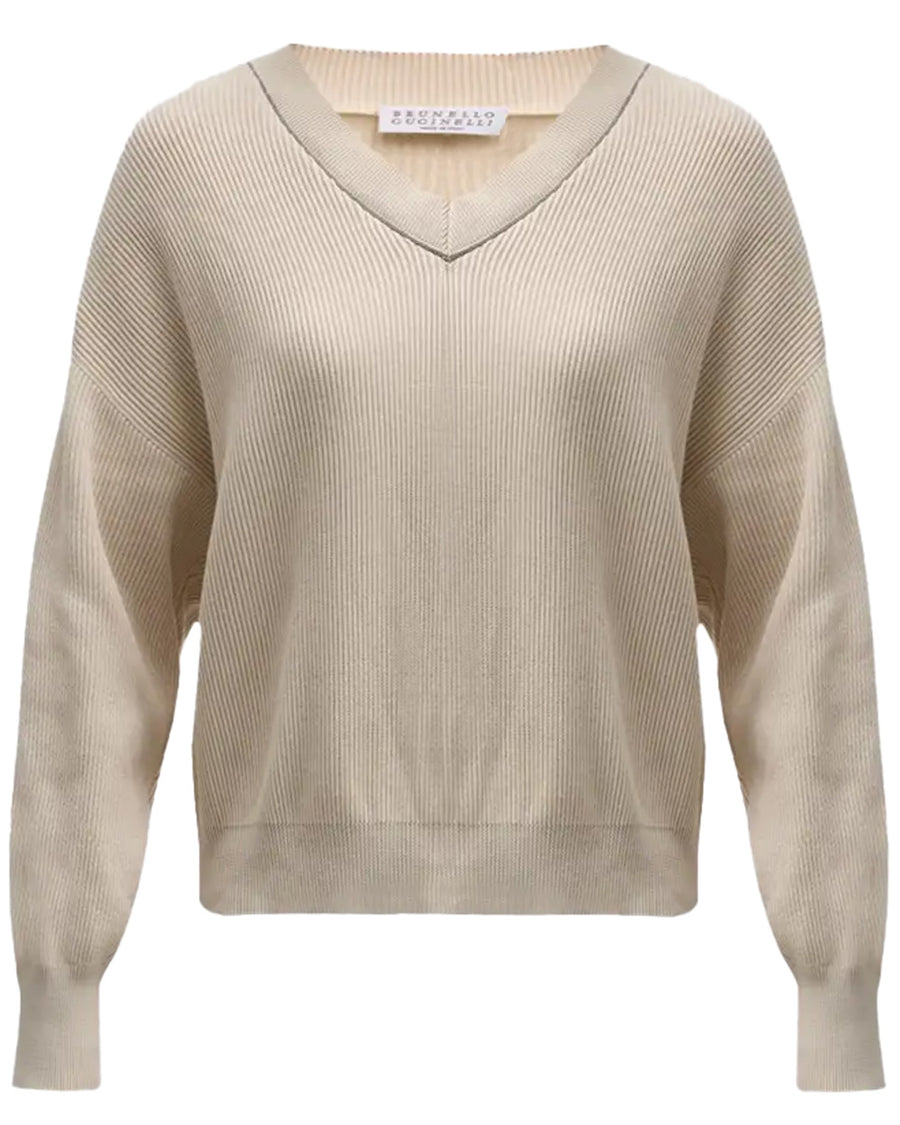 White Beige English Rib Knit V Neck Sweater