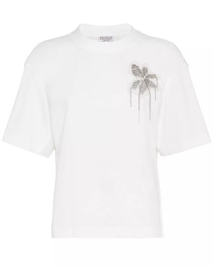 White Jersey Monili Flower Embellished T-Shirt