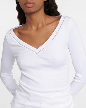 White Long Sleeve Monili V Neck T-Shirt