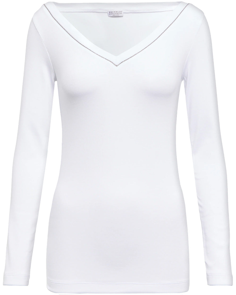 White Long Sleeve Monili V Neck T-Shirt