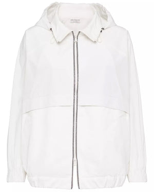 White Taffeta Hooded Zip Jacket