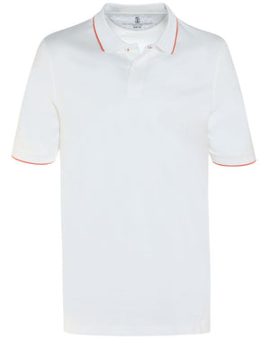 White and Orange Cotton Contrast Trim Short Sleeve Polo