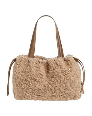 Embroidered Wool Blend Bouclé Tote in Camel