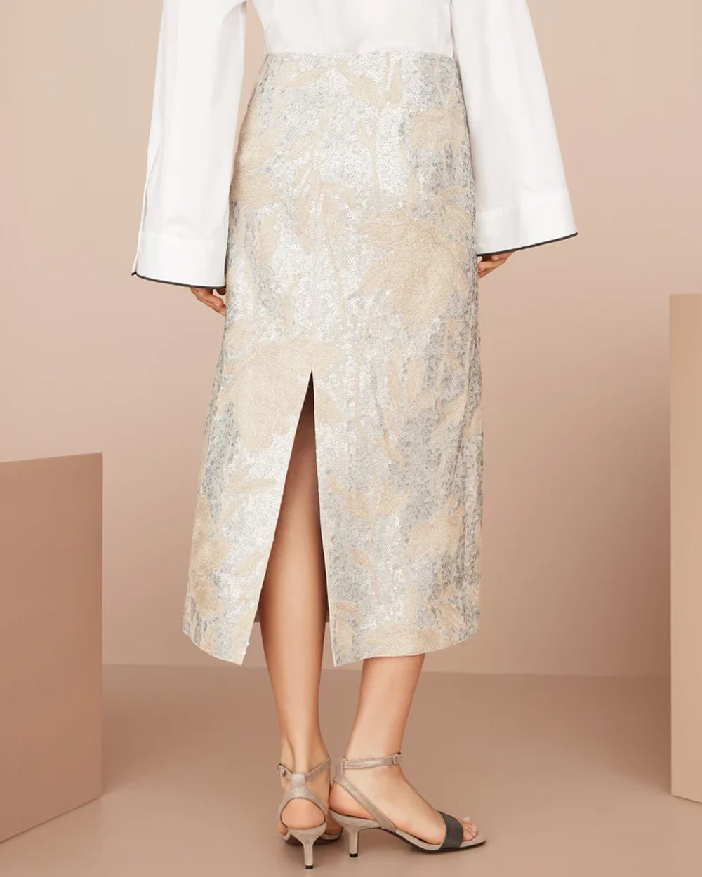 Natural Paillette Magnolia Embroidered Midi Skirt