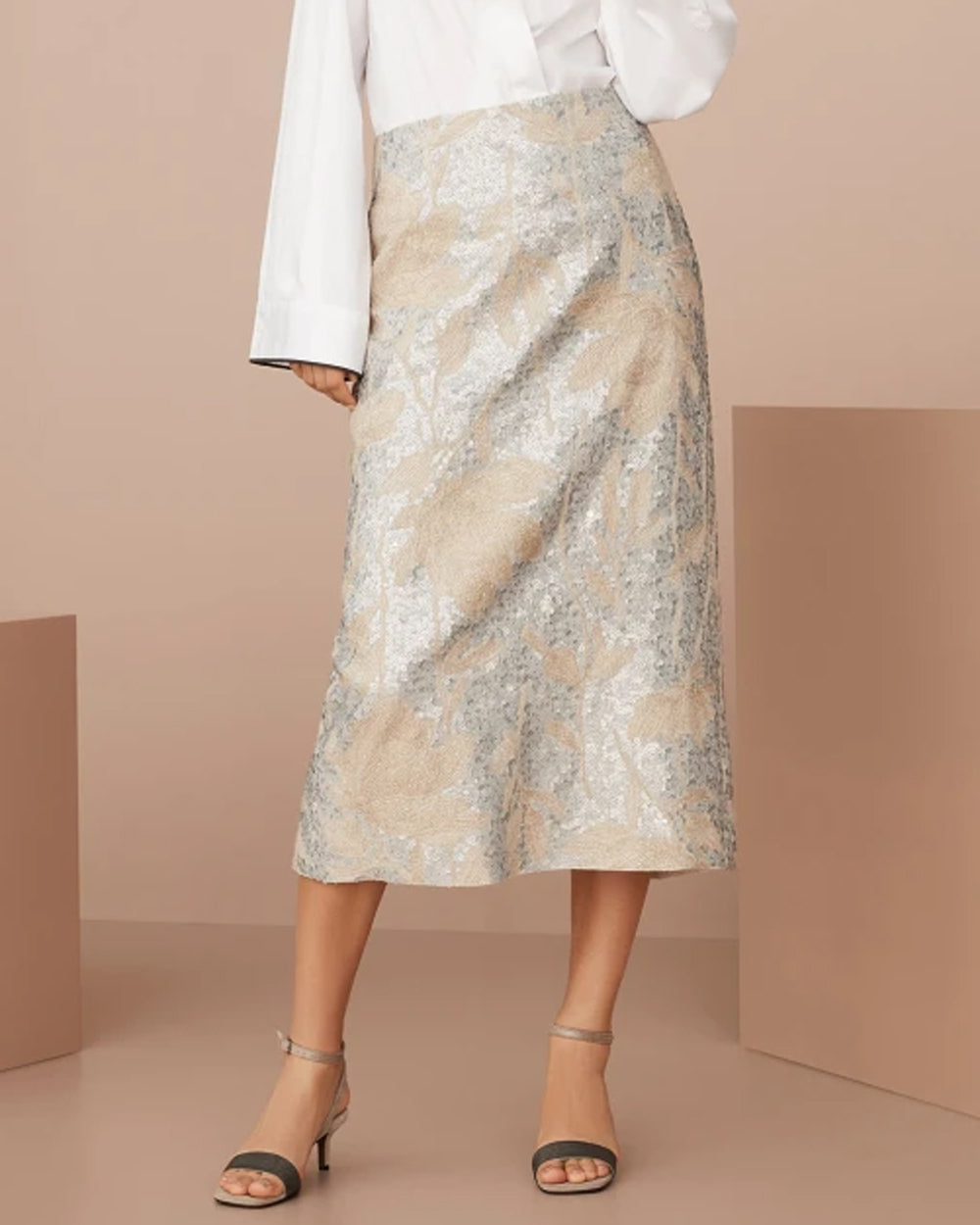 Natural Paillette Magnolia Embroidered Midi Skirt