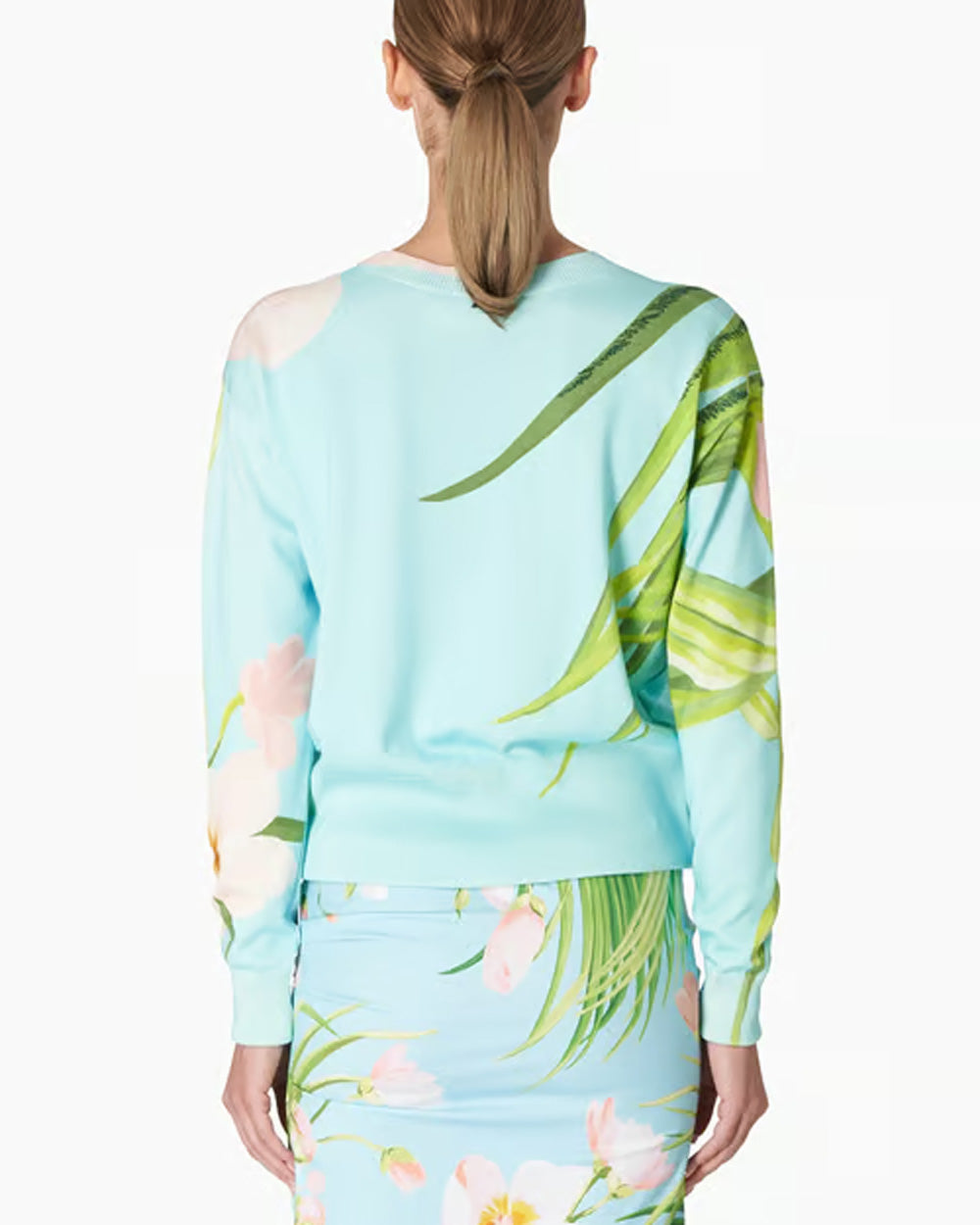 Aquamarine Tropical Print Long Sleeve Crewneck Sweater