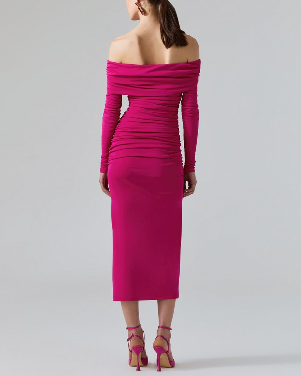 Berry Off The Shoulder Ruched Midi Dress