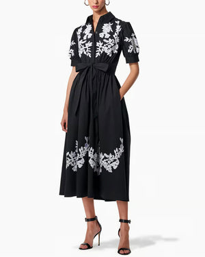 Black and White Embroidered Tie Waist Shirt Dress