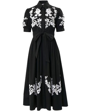 Black and White Embroidered Tie Waist Shirt Dress