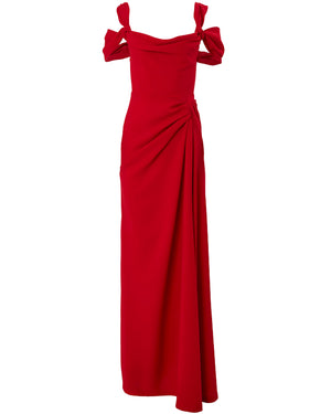 Lacquer Red Off The Shoulder Drape Gown