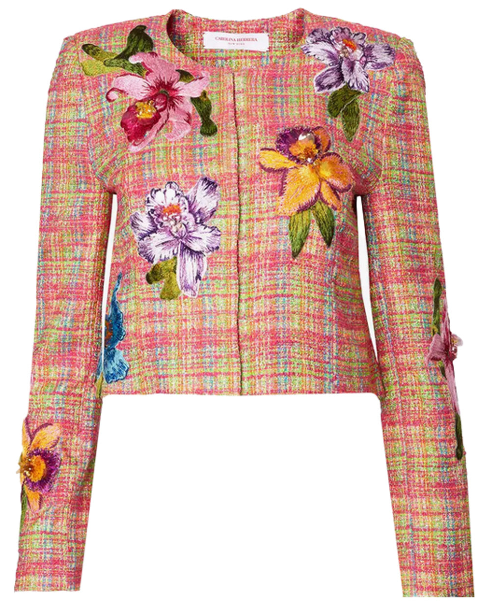 Multicolor Embellished Collarless Cropped Jacket