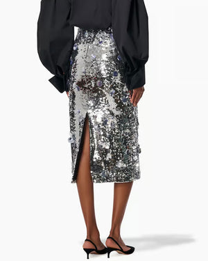 Silver Sequin Embroidered Midi Skirt