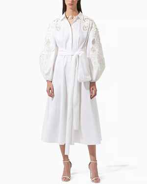 White Embroidered Balloon Sleeve Midi Dress