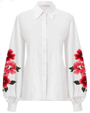 White Embellished Puff Sleeve Button Down Shirt