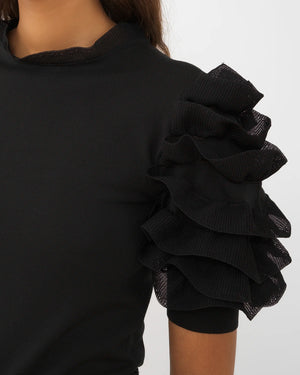 Black Short Sleeve Ruffle Knit Top