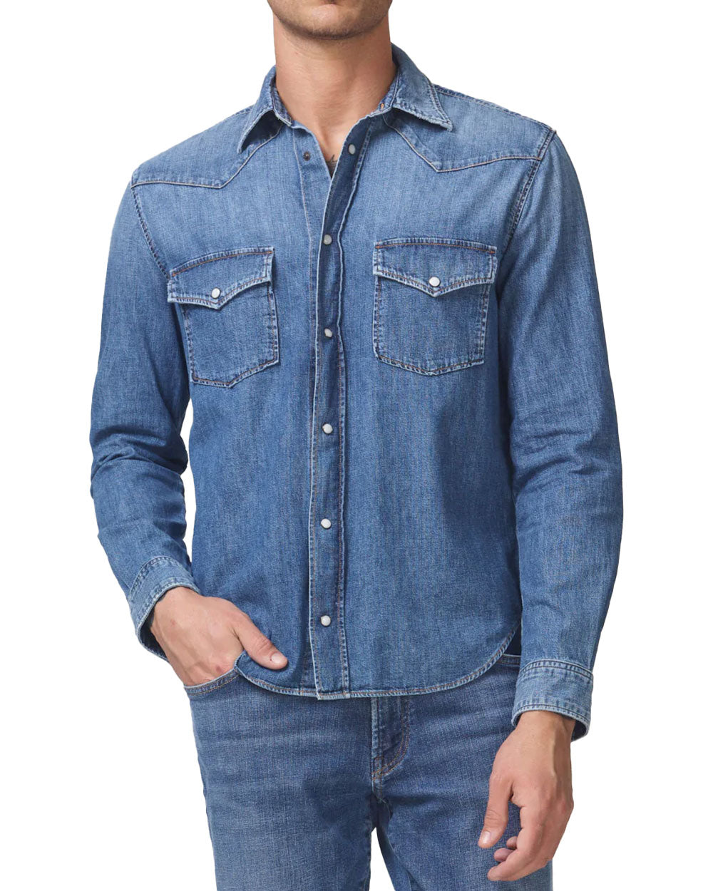 ASOS DESIGN denim overshirt with double pockets in mid wash | ASOS