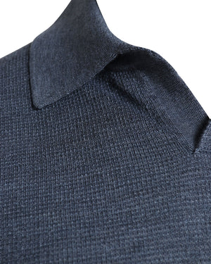 Blue Cashmere Blend Textured Long Sleeve Polo