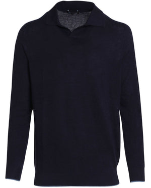 Navy and Dark Blue Cashmere Blend Textured Long Sleeve Polo