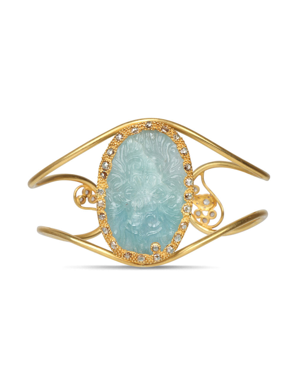 Carved Aquamarine and Diamond Cuff Bracelet