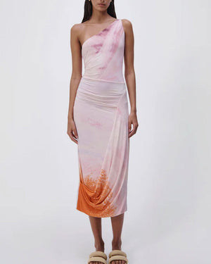 Coral Marble Printed Jersey Asymmetrical Midi Dress