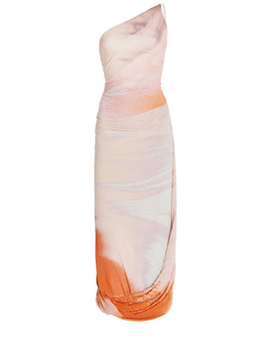 Coral Marble Printed Jersey Asymmetrical Midi Dress