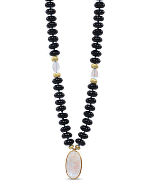 Black Onyx and Rainbow Moonstone Scarab Pendant Necklace