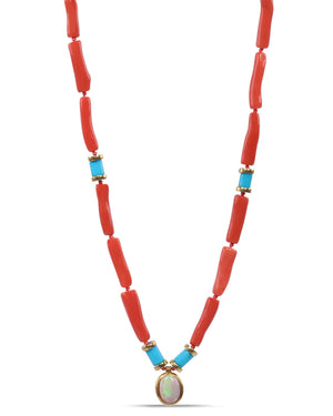 Coral and Crystal Opal Pendant Necklace